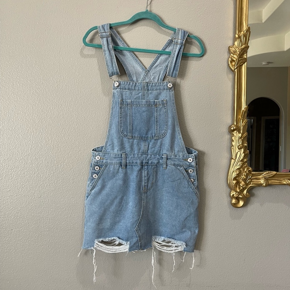 Distressed Destroyed Mini Skirt Overalls Jeans Size Medium Skortall Jumper